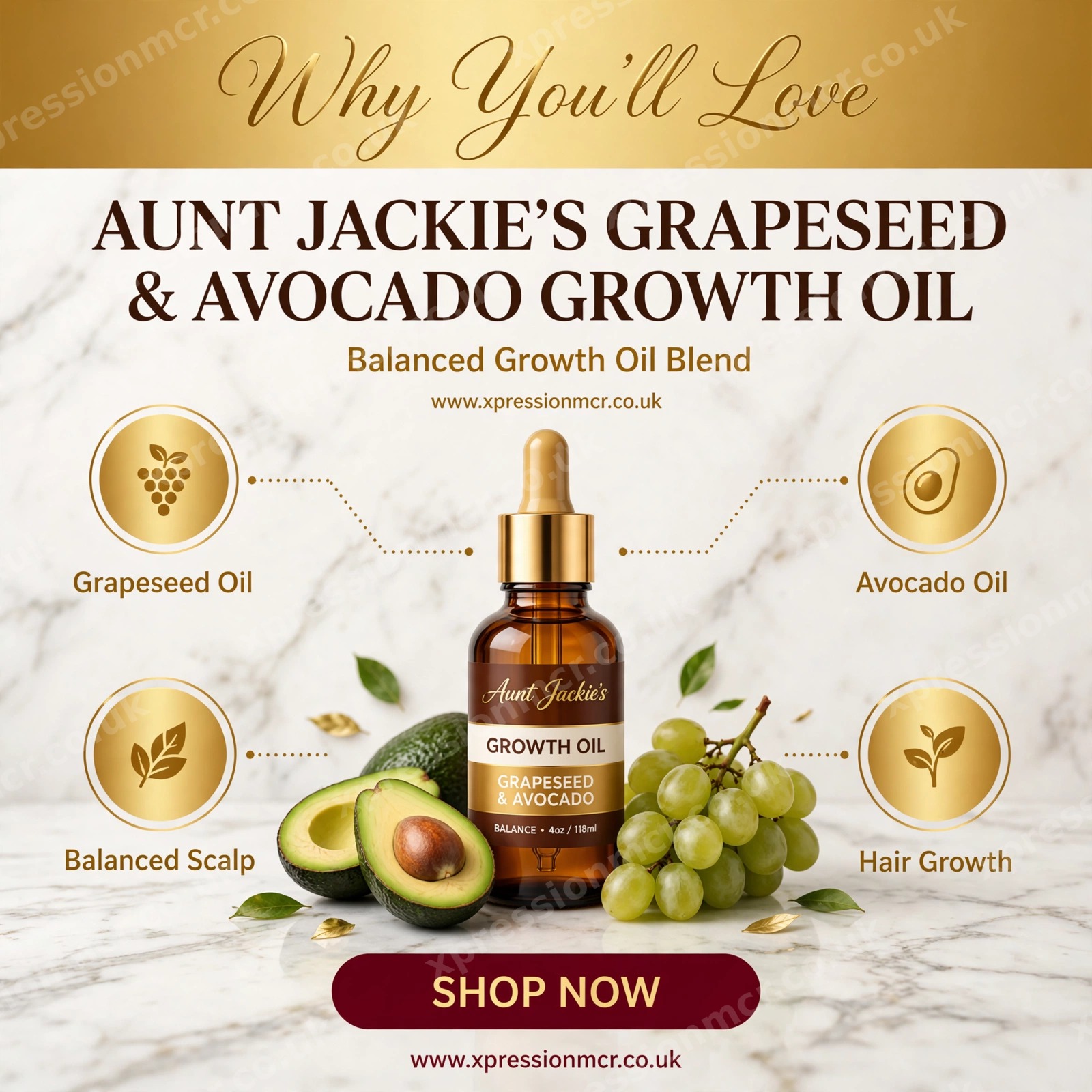 Aunt Jackie's Growth Oil Balance Grapeseed & Avocado 4oz / 118mL
