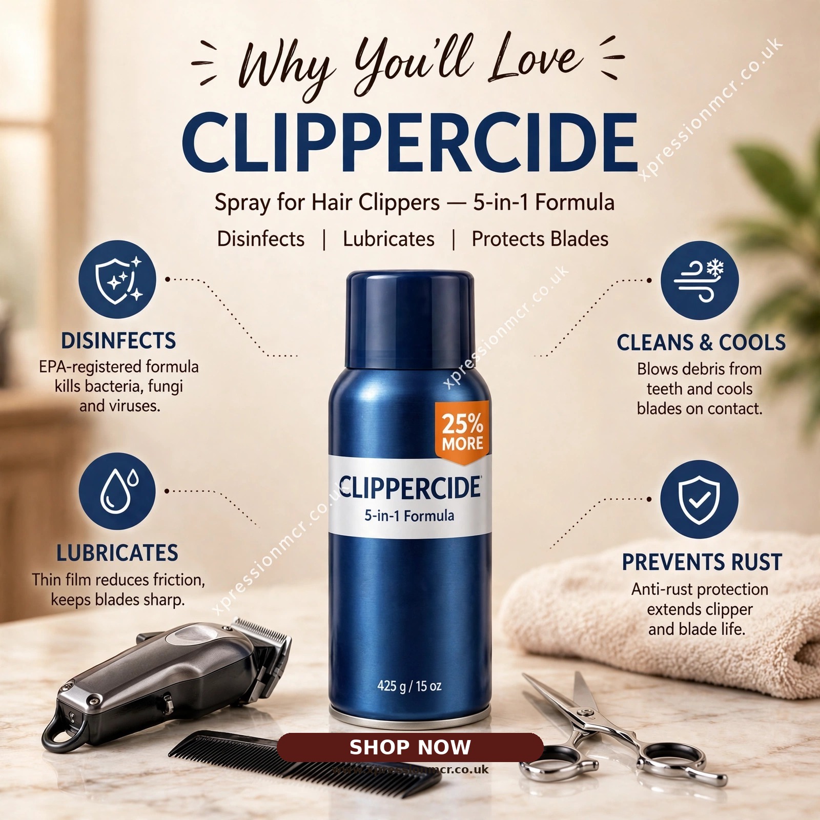 Clippercide Spray For Hair Clippers 5-In-1 Formula 25% More 425G/15. Oz