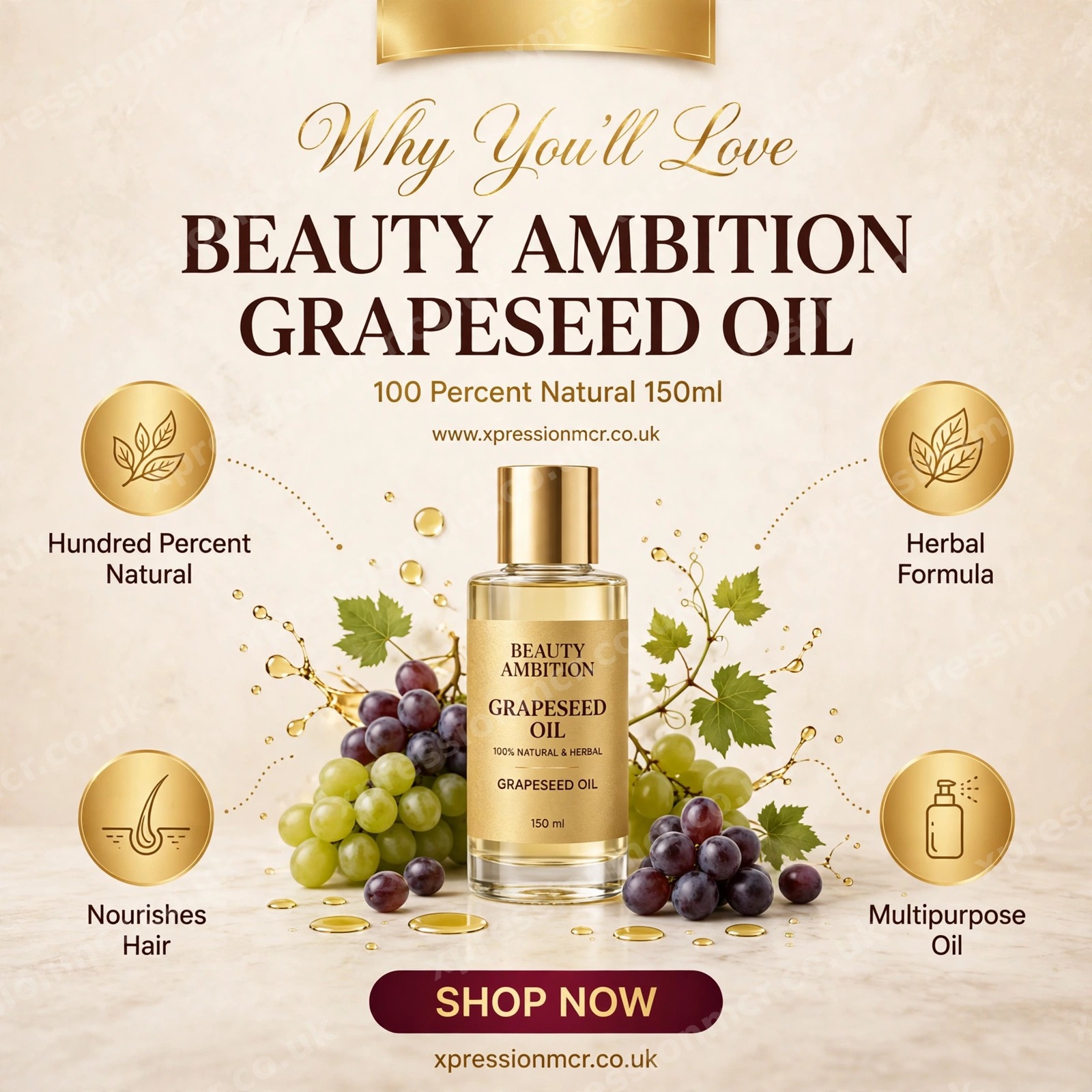 Beauty Ambition Grapeseed Oil 100% Natural and Herbal Oil 150ml