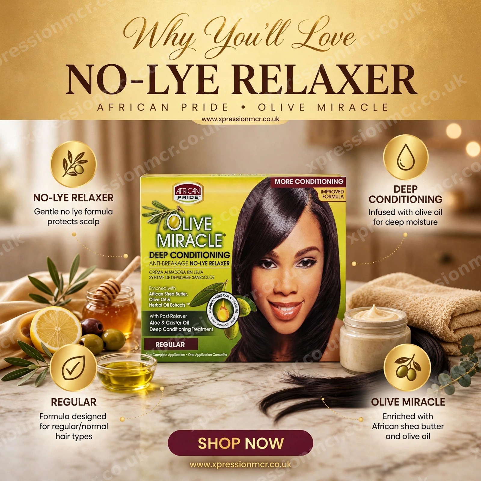 African Pride Olive Miracle Deep Conditioning Anti Breakage No Lye Relaxer Regular Formula-1 Complete Application